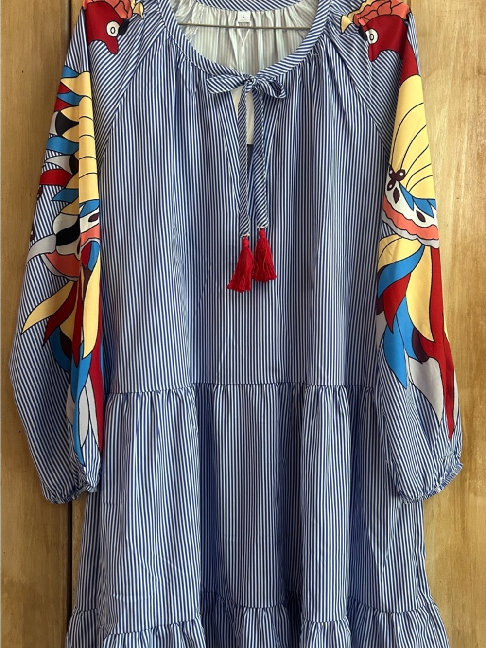 Blue and White Striped Tie-Neck Blouse